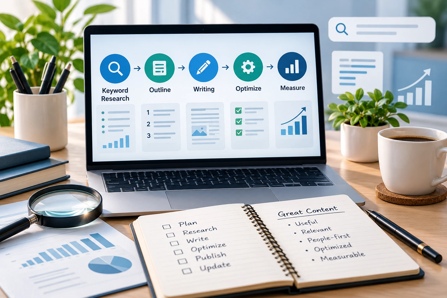 A clean, professional visual showing an SEO content workflow, from keyword research and outlining to SEO Optimized content.
